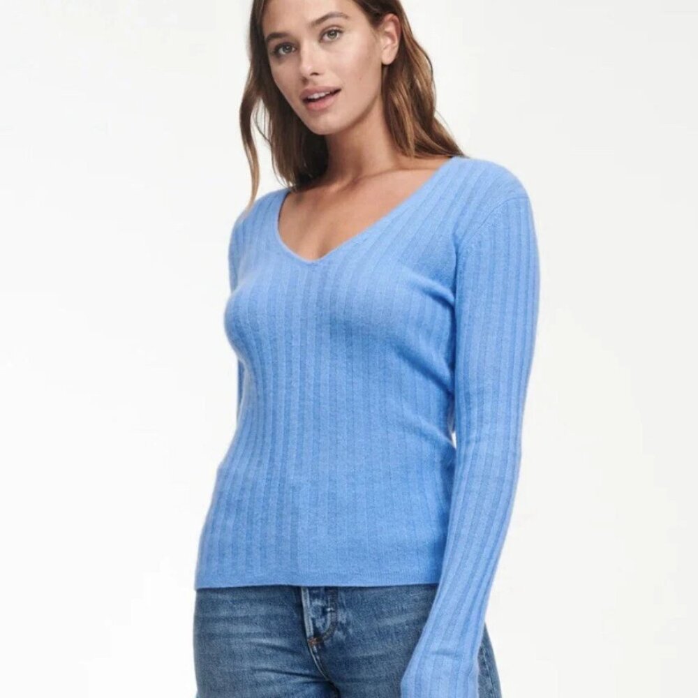 Naadam Cashmere Ribbed V-Neck Sweater Cornflower Blue Size S